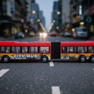 Red Dickie Toys City Express articulated toy bus with real wheels and opening doors. Measures approximately 18 inches and suitable for children aged 3 and above.