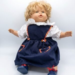 Vintage Baby Girl Doll – Curly Blonde Hair with Navy Blue Dress and Shoes